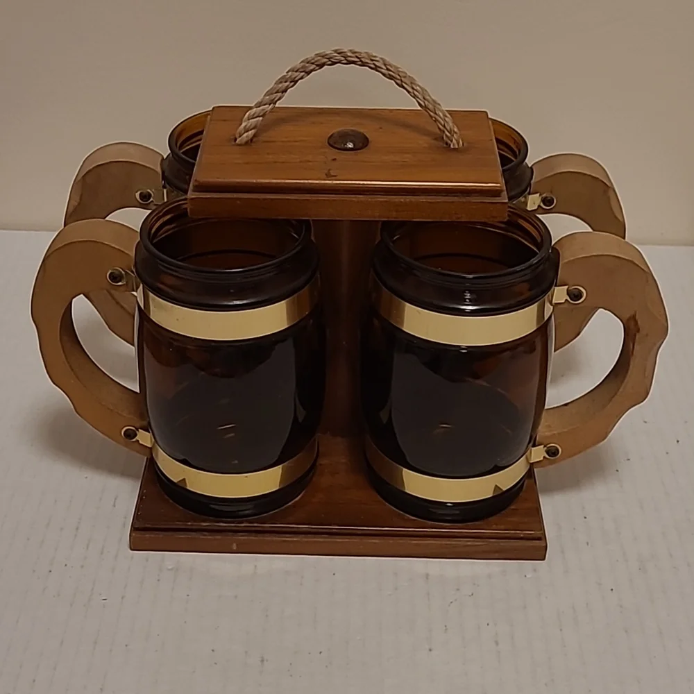 Vintage Wood Caddy Carrier with 4 Mid-Century Beer Mugs